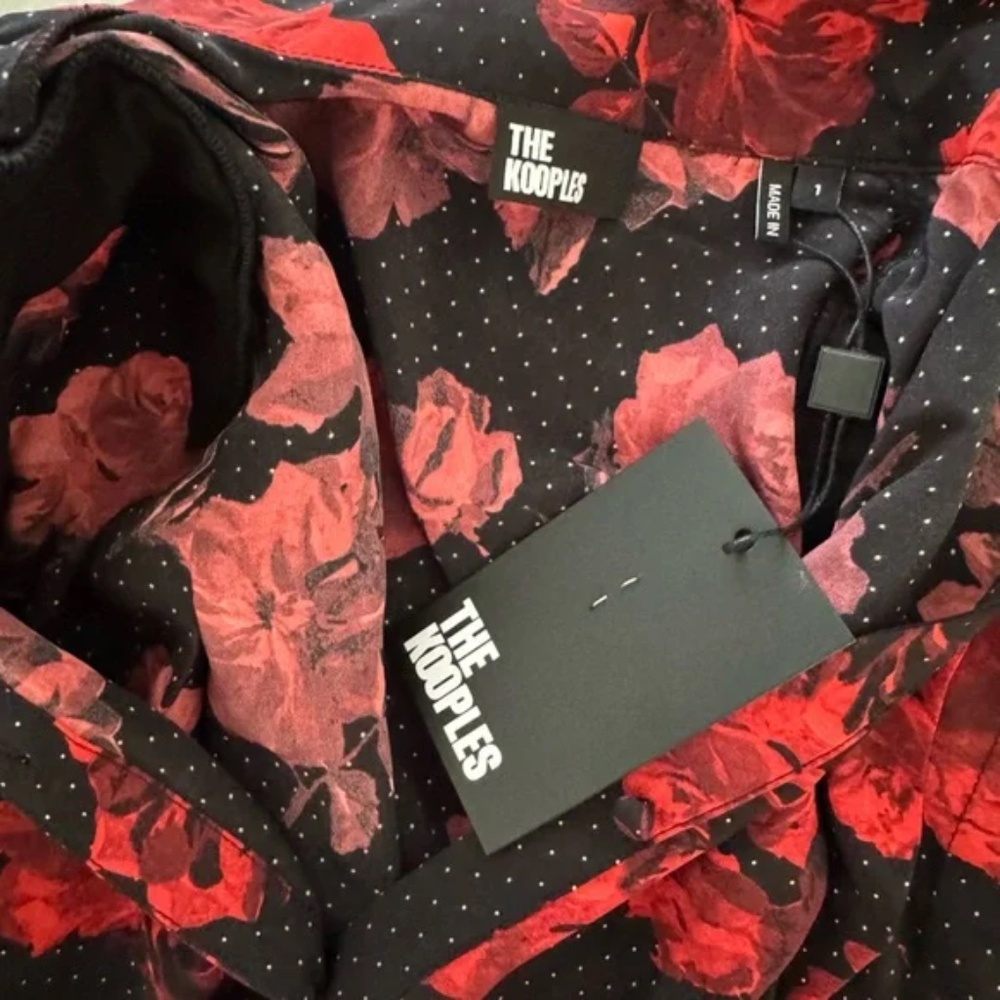 The Kooples Black w/ Red & White Floral Dot Print Silk Blouse Sz S NWT $365 - Picture 4 of 14